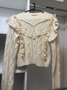 Mango Cream Cable-Knit Sweater with Ruffle Lace Trim
